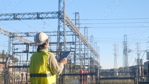 Canvastavla Female engineer in safety vest and hard hat using a digital tablet, monitoring a