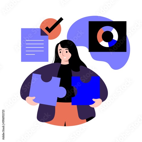 woman in creative business series: solving business puzzle with financial data and statistics with tick mark and document