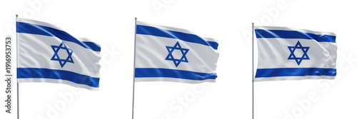 Photos Set of Waving National Flags of Israel on Flagpoles Isolated on White Background