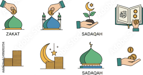 Islamic Charity Icons Zakat and Sadaqah illustrations for Ramadhan Kareem finance and giving