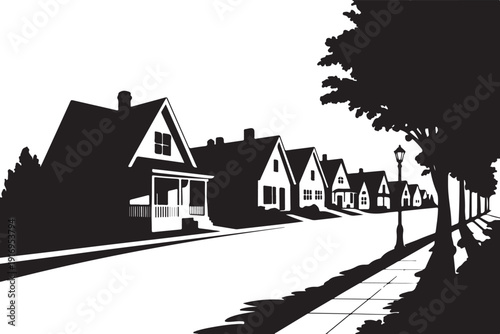 Black and white suburban neighborhood with houses and sidewalk