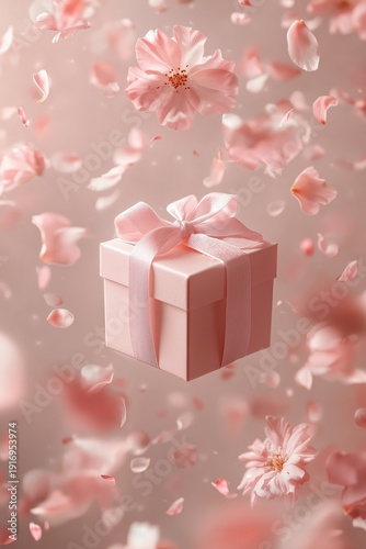 Minimal gift box surrounded by pink petals, symbol of attention, love, elegance, and joyful spring holiday mood