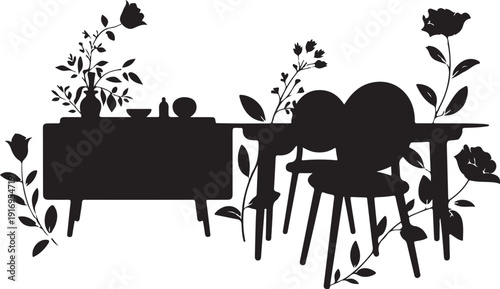 Black silhouette of a table with chairs and plants