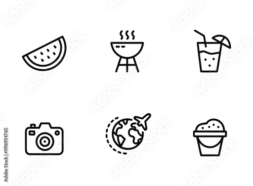 Vector illustration of summer icons including watermelon, barbecue, and refreshing drinks