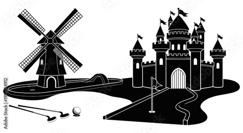 Fantasy castle and windmill illustration with a knight's lance and helmet on a white background symbolizing medieval architecture and chivalry.