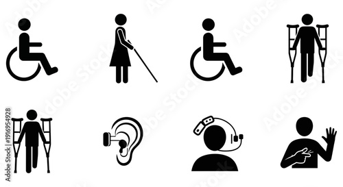 Simple black icons representing various disabilities and accessibility symbols on a white background for inclusive design and awareness