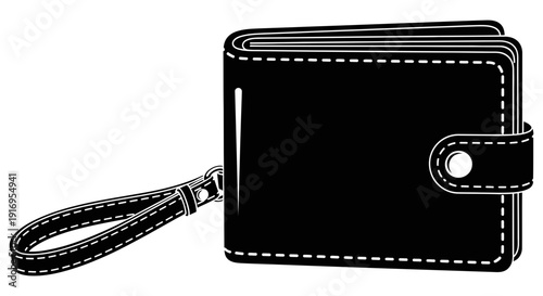 Black wallet with wrist strap shown on a plain white background in a simple graphic illustration style