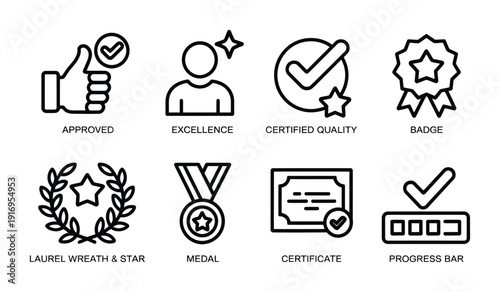 Collection of vector icons representing achievement and quality certification