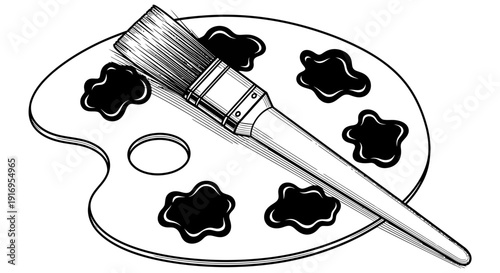 Artist's paintbrush resting on a palette with various colors of paint available for creative projects