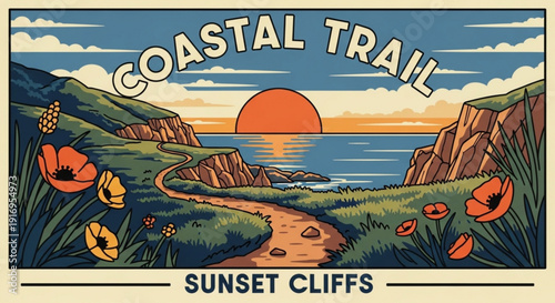 Coastal trail scenic sunset cliffs landscape with winding path and vibrant poppies