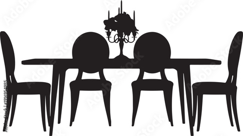 Black silhouette of dining table with chairs and chandelier