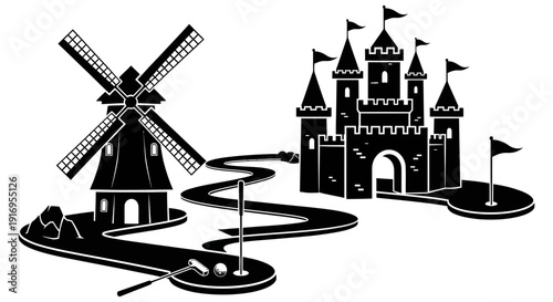 Fantasy castle and windmill illustration with golf course landscape and rolling hills in a stylized black and white design