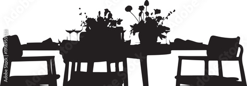 Black Silhouette of Dining Table with Chairs and Flower Arrangements