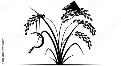 Black and white illustration of a rice plant with a sickle and a traditional asian conical hat on a white background