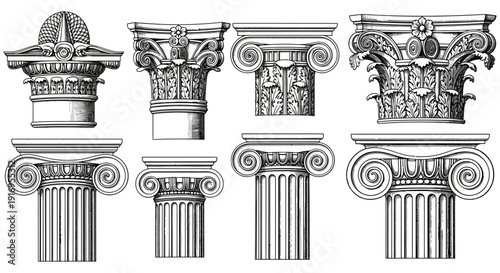 Ancient Greek architectural columns and capitals collection showcasing various ornate designs and classical styles in detailed illustration