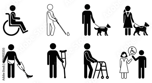 Collection of simple icons representing various disabilities and assistive tools for people with different needs
