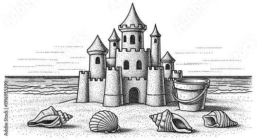 Detailed sand castle drawing with seashells and boat on the sandy beach with a serene ocean background