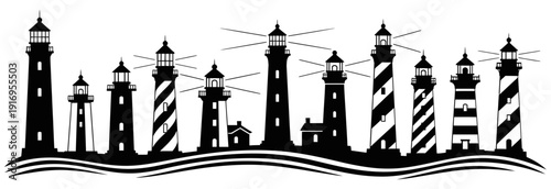 Collection of diverse lighthouse silhouettes against a white background with gentle ocean waves creating a serene coastal scene