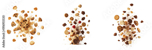 Photos Set of Crispy Chocolate Chip Cookies Breaking and Crumbling Isolated on White Ba