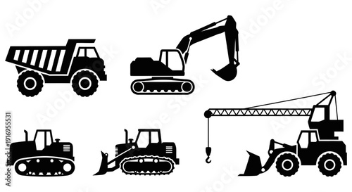 Heavy construction machinery silhouettes including excavator dump truck crane bulldozer and other equipment against a white background for industrial projects