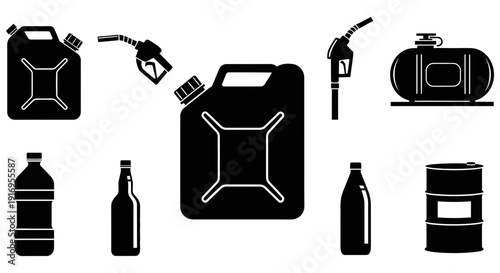 Assorted fuel and oil containers icons set including jerry cans and bottles for storage and transport of petroleum products
