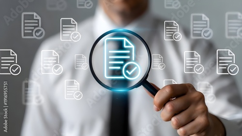 Business Document Verification And Approval Concept With Magnifying Glass Over Digital File Icon