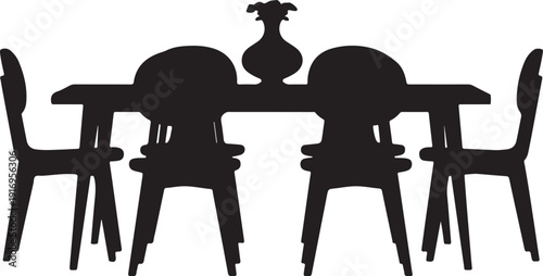 Black Silhouette of Table with Chairs and Vase
