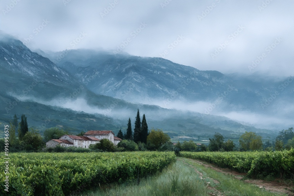 Obraz premium Misty mountain landscape with vineyard and farmhouse