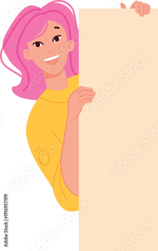 Happy woman with paper sign. Person hold empty banner