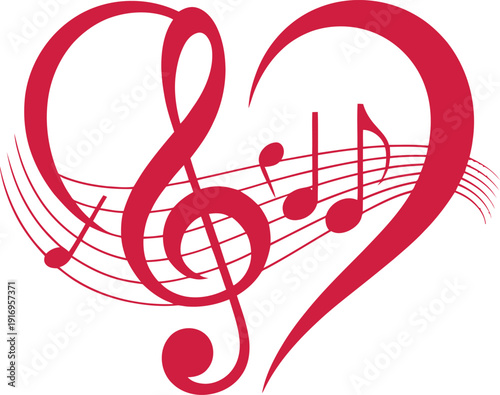 Red treble clef and music notes forming a heart shape
