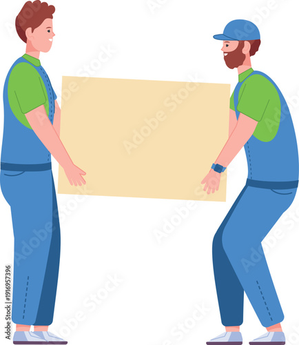 Workers carry cardboard package. Relocation service work