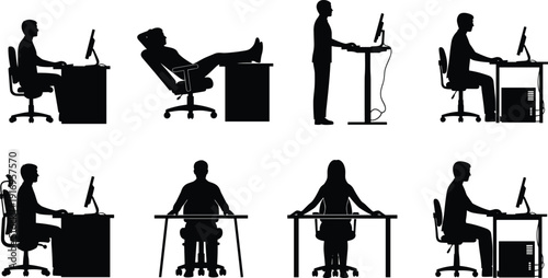 Set of black silhouettes showing office workers sitting at desks, standing at adjustable tables, and relaxing in chairs isolated on white.
