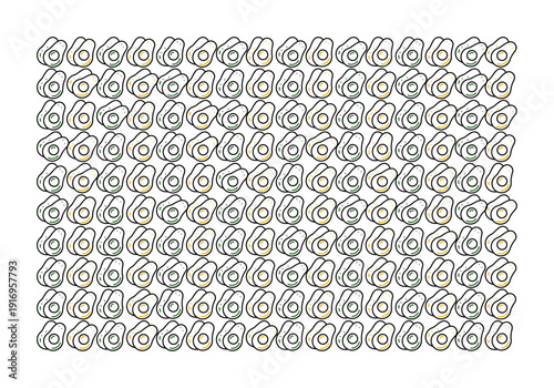 Abstract pattern of many identical sliced avocados on a white background, symbolizing healthy eating and food production.