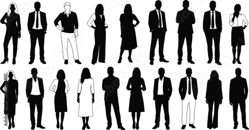 Large group of business people silhouettes standing in row wearing formal suits and dresses isolated on white background vector.