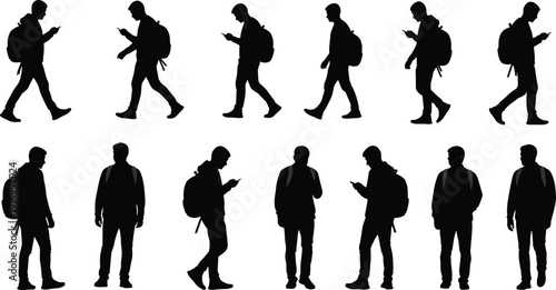 Sequence of black silhouettes showing young man walking with backpack and using mobile phone isolated on white background.
