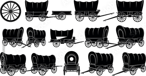 Covered wagon silhouette vector collection featuring pioneer prairie schooners and wheels isolated on white background for old west history design,