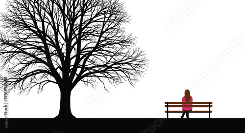 Lonely silhouette of woman sitting on bench next to large bare tree without leaves isolated on white.