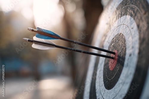 Two arrows hitting bullseye on target board outdoors