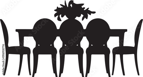 Silhouette of four chairs around a table with a plant on