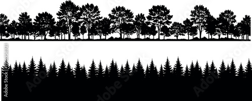 Forest tree silhouette vector set with pine wood and deciduous forest treeline isolated on white background for landscape nature design,