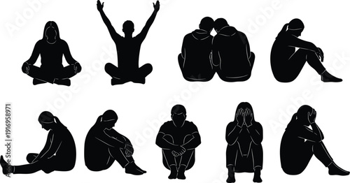Set of black silhouettes depicting sad and depressed people sitting alone and comforting each other in difficult times.