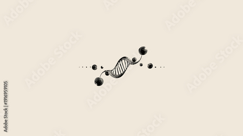 Minimalist illustration of a DNA strand with stylized orbs on a cream background
