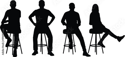 Vector silhouettes of men and women sitting on high bar stools in different relaxed poses isolated on white background.
