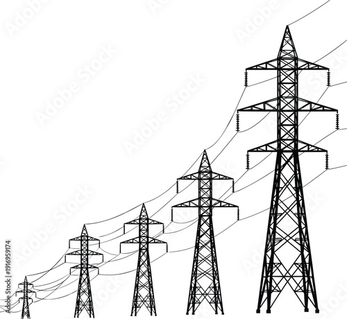 Black and white vector illustration of high voltage electric transmission towers and power lines stretching into the distance isolated.