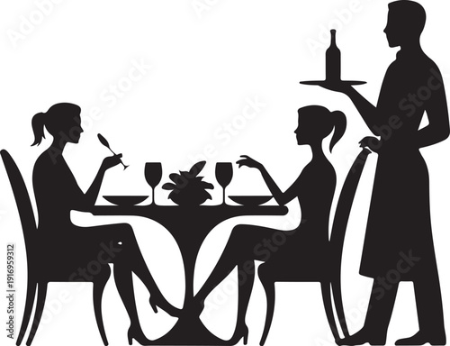 Silhouette of people dining at a restaurant with a waiter