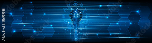 Circuit board key technology. The concept of encryption for cybersecurity and data privacy. Innovative secure technology.