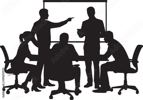 Silhouette of people in a business meeting with a whiteboard