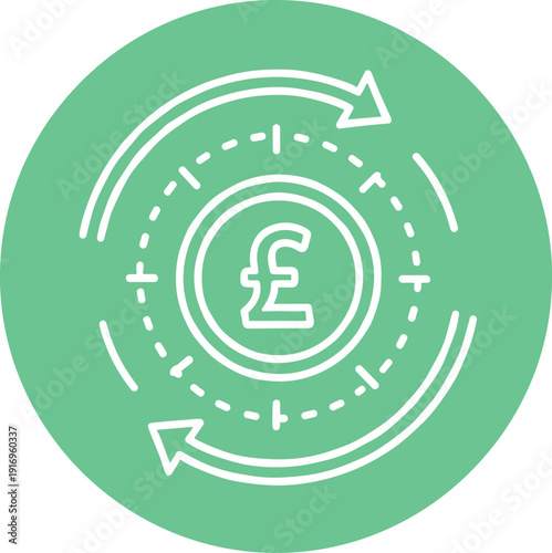 Pound sterling money refund icon with currency symbol and arrows in circular motion for finance