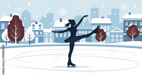 Woman ice skating alone on outdoor rink in winter cityscape with snowflakes and buildings