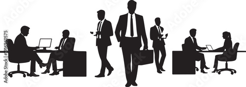 Silhouettes of business people working and standing in office setting